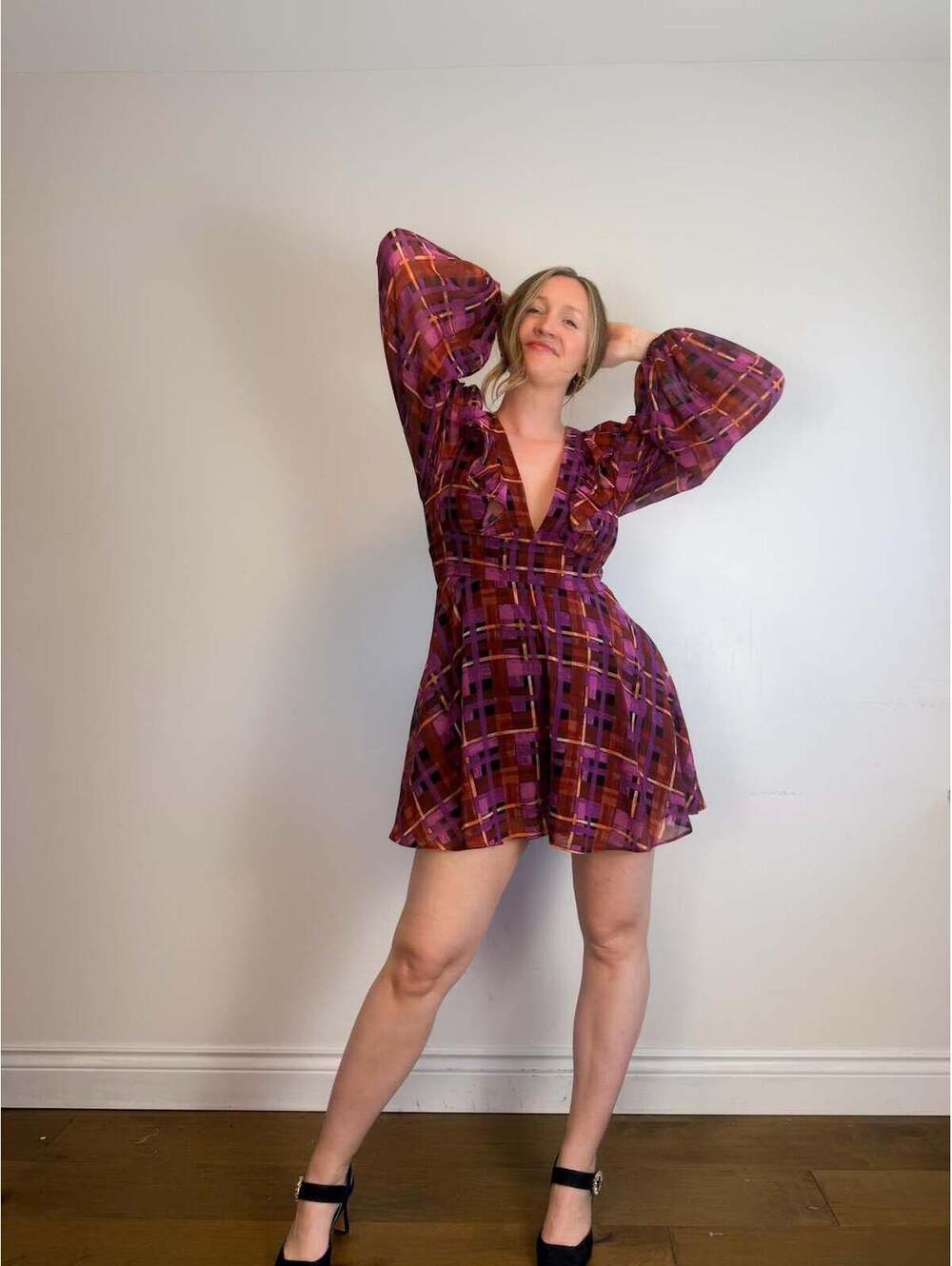 Anthropologie "Hutch Long-Sleeve Deep-V Romper in Check Print" NWT (Size M/L)